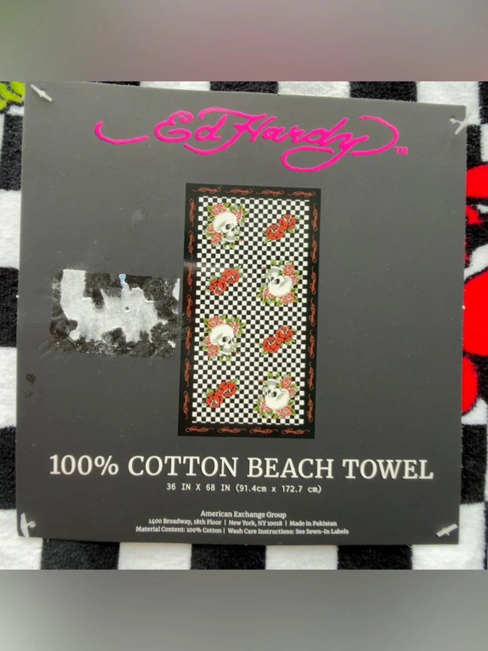 Ed Hardy Black, White & Pink Checkerboard Skull Beach Towel